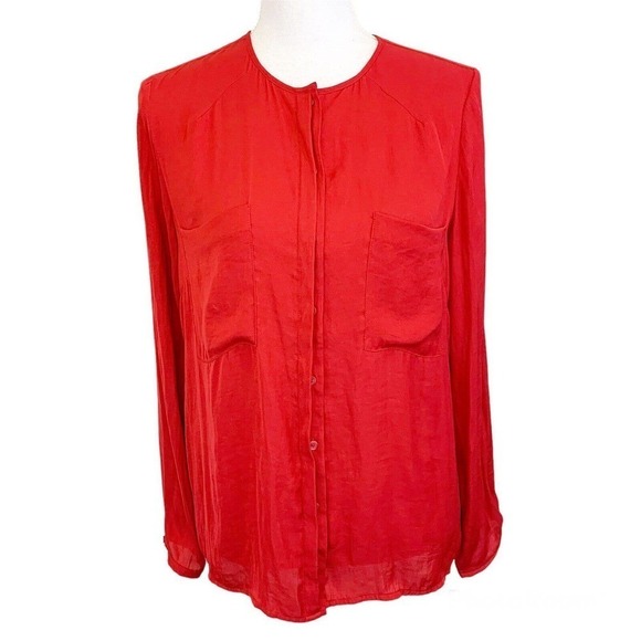 Ba&sh Foster Button Up Shirt Red Solid Front Pocket Womens Size 2 - Picture 1 of 4